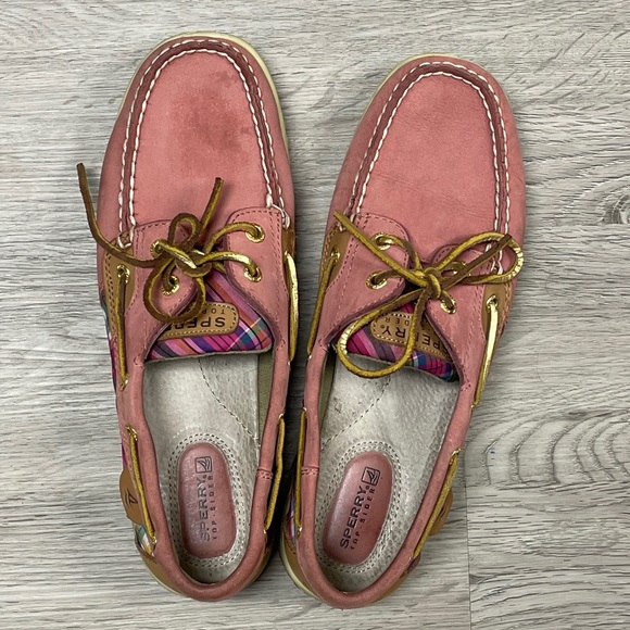 Sperry boat shoe pink leather canvas plaid 8.5